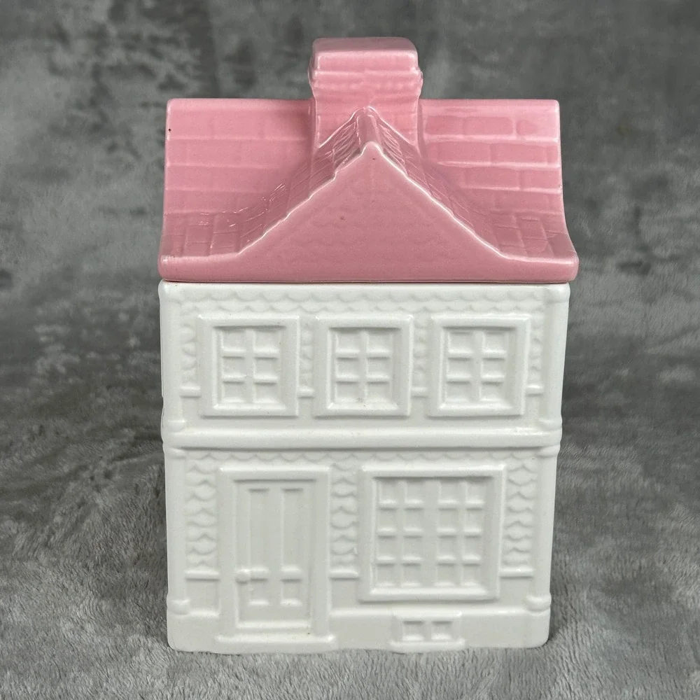 Vintage Ceramic Tea Room House Canister Pink White Victorian Cottagecore Jar
